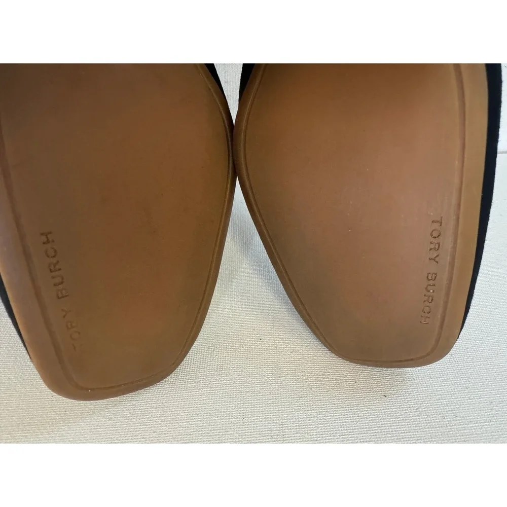 Tory Burch Suede Logo Loafers Black Square Toe Flats Womens Size 6